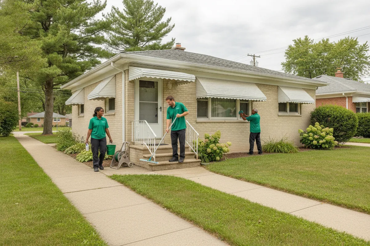 Cleaning visit in Clawson, Michigan: A Clawson ranch with aluminum awnings and a straight sidewalk, a cleaner mopping the side-door landing, spruce polo, bright cloudy day.