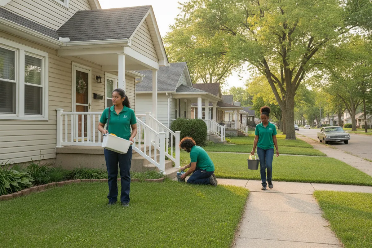 Cleaning visit in Garden City, Michigan: A compact Garden City bungalow with a small front lawn and a concrete walk, one cleaner on the porch with a caddy, spruce uniform, summer evening light.