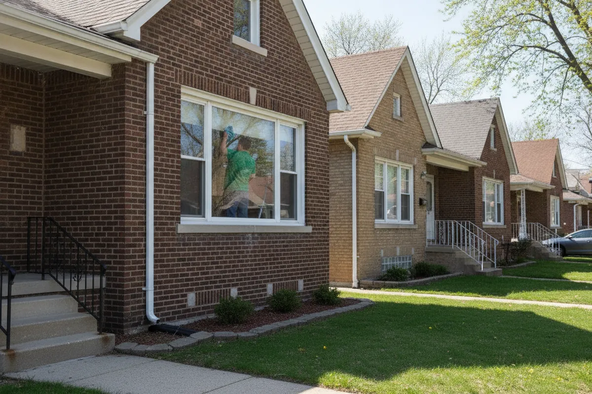 Cleaning visit in Harper Woods, Michigan: A Harper Woods brick bungalow with a short stoop, a cleaner in a spruce polo wiping the front window from inside, neighbor houses close on both sides, spring light.
