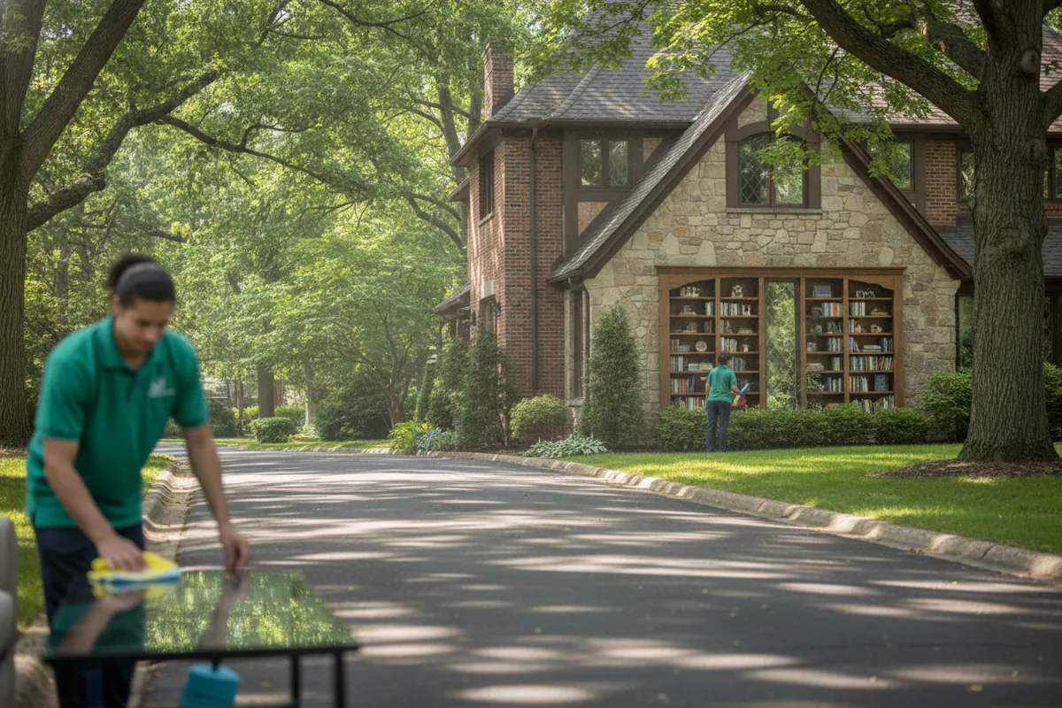 Cleaning visit in Huntington Woods, Michigan: A Huntington Woods street completely under mature trees, a brick and stone home, a cleaner dusting built-in shelves, spruce uniform, filtered green light.