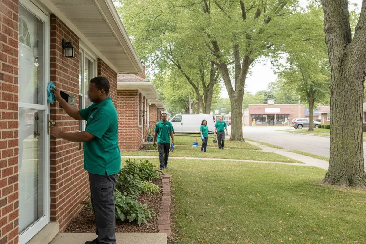 Cleaning visit in Madison Heights, Michigan: A Madison Heights side street of brick ranches with a commercial road in the distance, a cleaner wiping a front storm door, spruce uniform, no readable business signs.