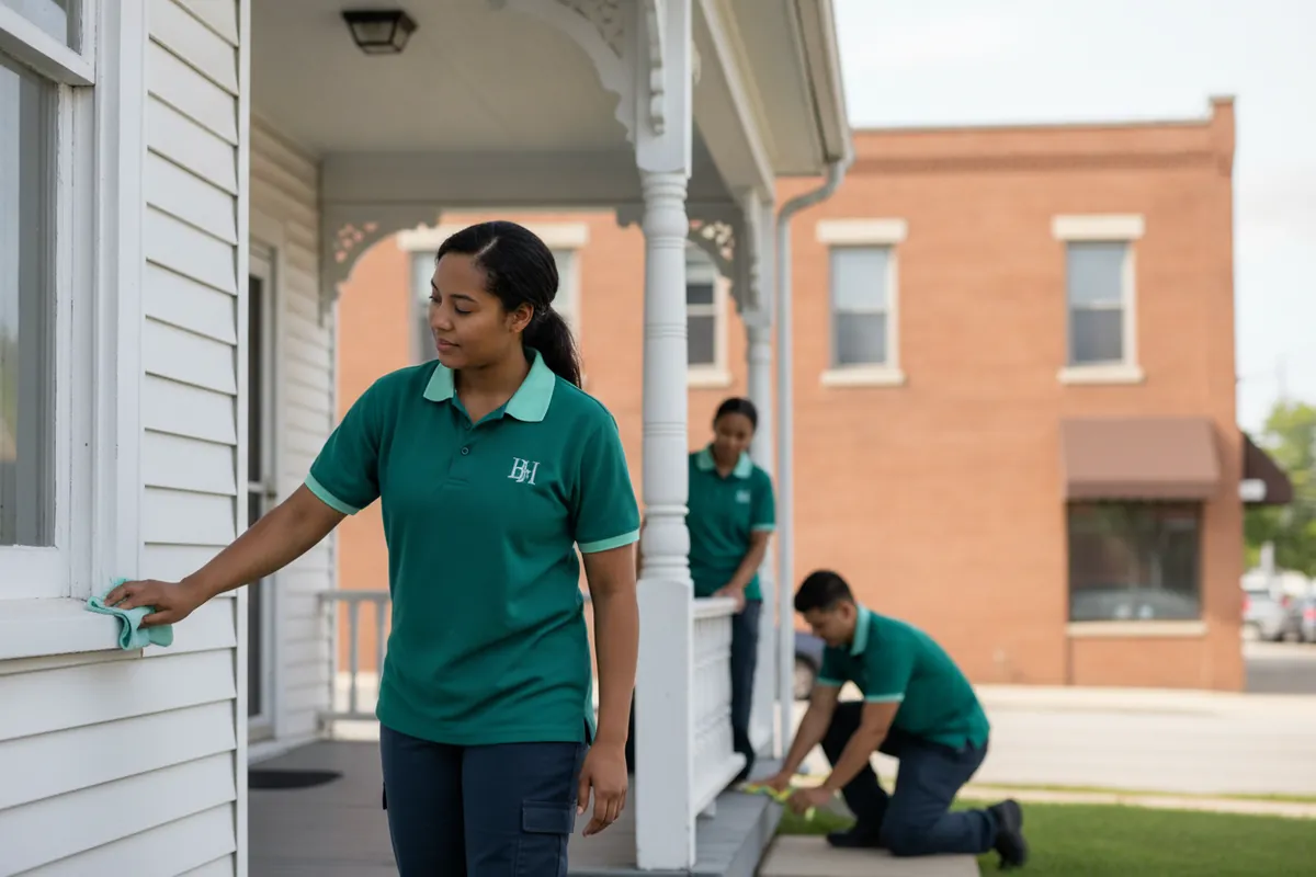 Cleaning visit in Mount Clemens, Michigan: An older Mount Clemens house near downtown with a front porch, a cleaner dusting wood trim, spruce uniform, brick downtown buildings softly out of focus, no readable law-firm names.