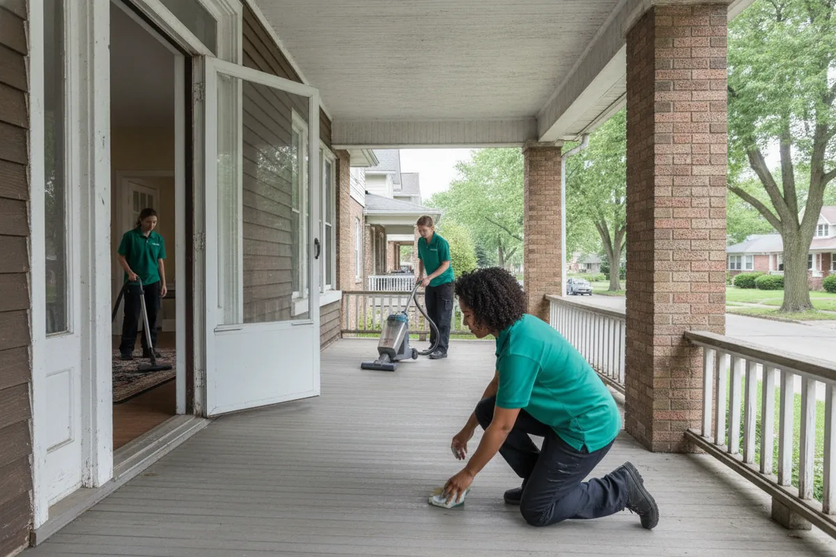 Cleaning visit in Pontiac, Michigan: An older Pontiac house with a front porch on a residential block, a cleaner wiping stair treads, spruce polo, another person vacuuming a hallway, no political signs.