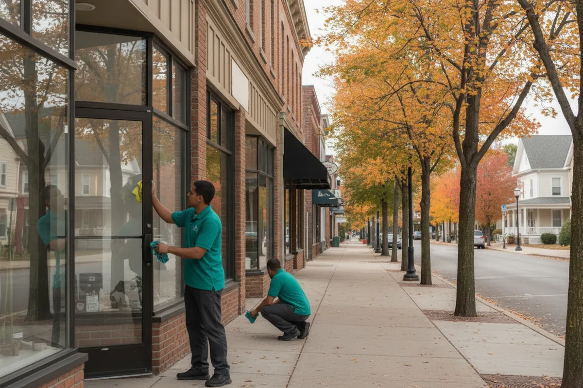 Cleaning visit in Rochester, Michigan: Downtown Rochester street of older storefronts and nearby homes, no readable business names, a cleaner wiping a shop glass door, spruce uniform, autumn trees.
