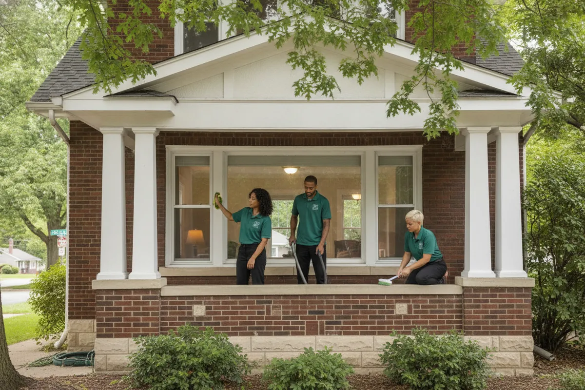 Cleaning visit in Royal Oak, Michigan: A Royal Oak brick bungalow on a leafy street near downtown, porch columns, a diverse crew in spruce polos wiping the front windows from inside and vacuuming the wood living-room floor.