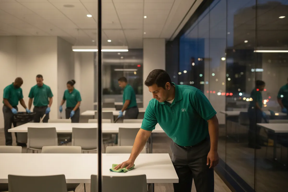 Cleaning visit in Southfield, Michigan: A Southfield office corridor at night seen through glass, a cleaner wiping a break-room table, spruce uniform, city lights reflected, no readable tenant names.