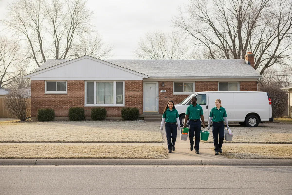 Cleaning visit in Taylor, Michigan: A Taylor brick ranch on a wide suburban lot, a cleaning crew of three in spruce BH polos walking from a plain van with no lettering, winter light.