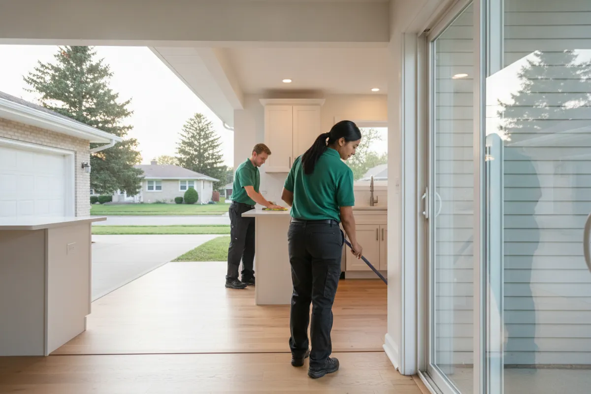 Cleaning visit in Westland, Michigan: A Westland ranch with an attached garage and a side entry, a cleaner mopping the kitchen threshold, spruce polo, late-day light through a sliding door.