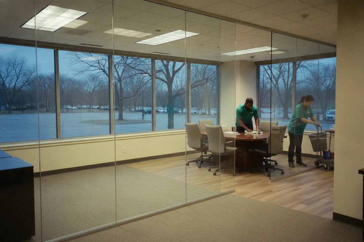 Evening office clean in a Metro Detroit suite, crew wiping a conference table