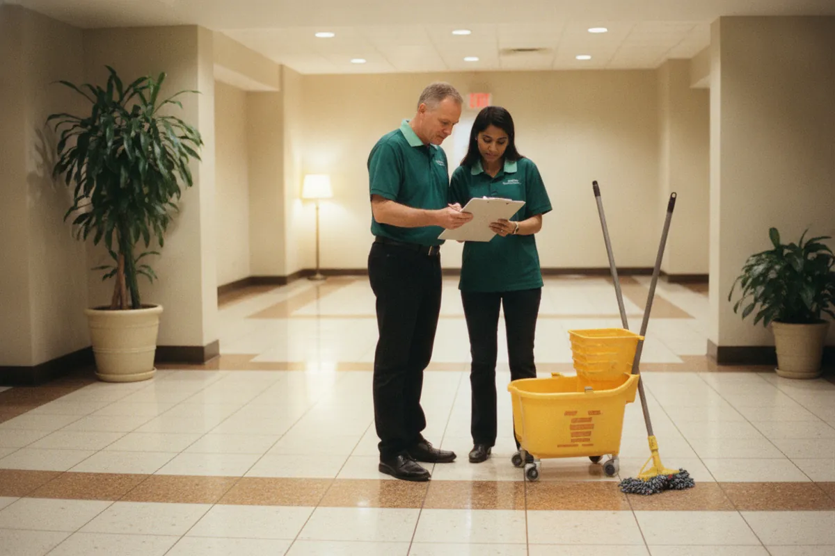 Supervisor and cleaner reviewing a janitorial checklist in a Metro Detroit lobby