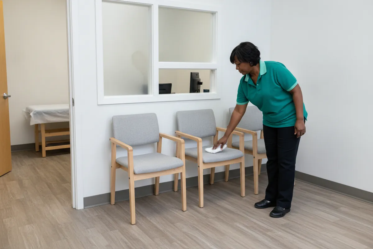 Cleaner wiping a clinic waiting-room chair, no patients, Metro Detroit medical office