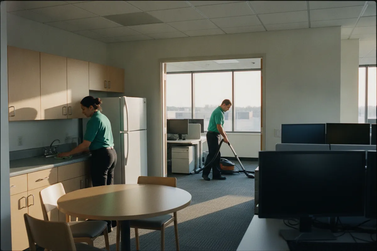 Cleaner sanitizing an office break-room counter after hours in Metro Detroit