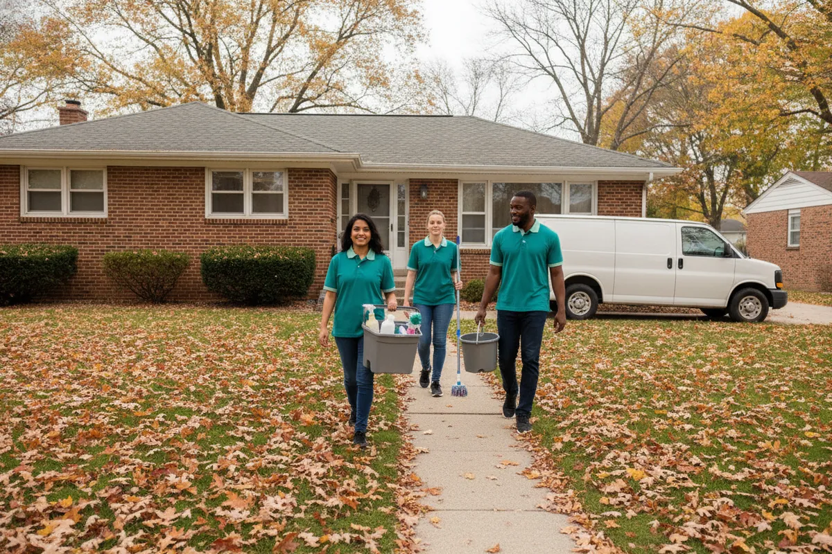 Cleaning crew arriving at a Metro Detroit ranch with a caddy, overcast morning