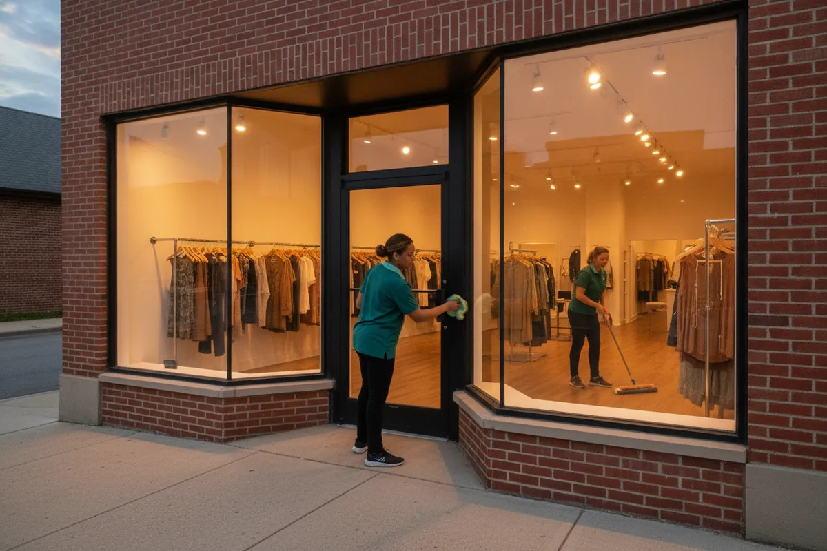 Cleaner polishing a glass shop door on a Metro Detroit main street after close